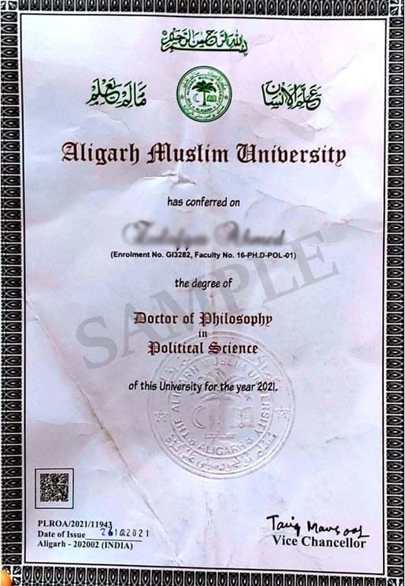 Sample certificate — Aligarh Muslim University