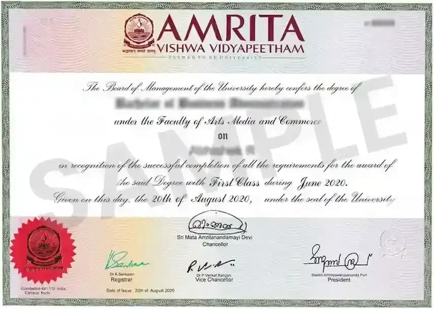 Sample certificate — Amrita University Online