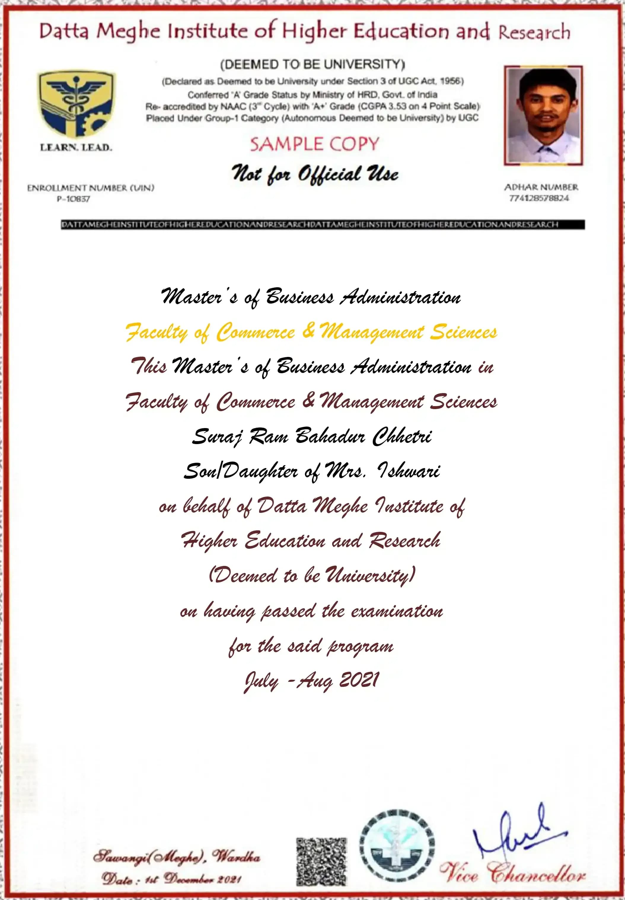 Sample certificate — Datta Meghe University Online