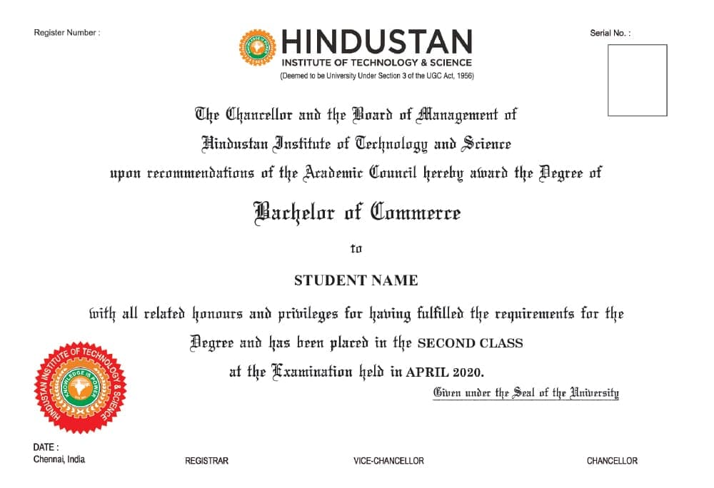 Sample certificate — Hindustan Institute of Technology and Science