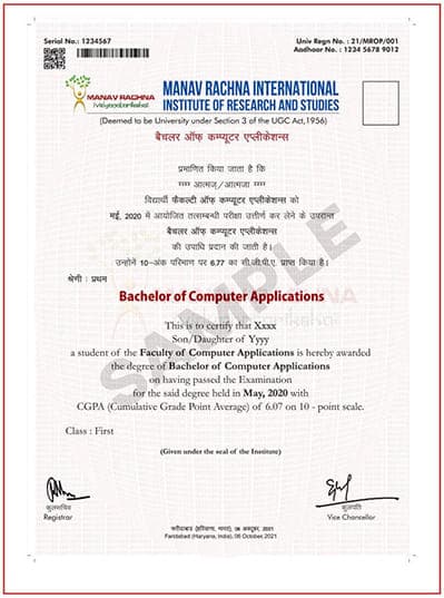 Sample certificate — Manav Rachna University Online