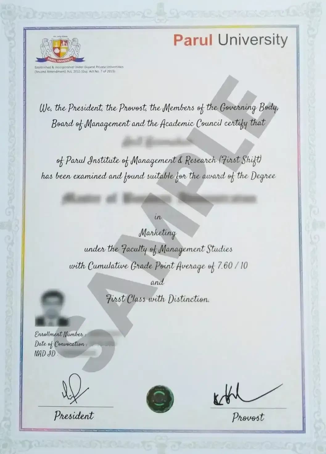 Sample certificate — Parul University