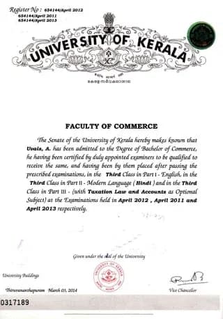 Sample certificate — University of Kerala