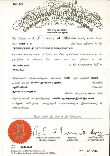 Sample certificate — Madras University