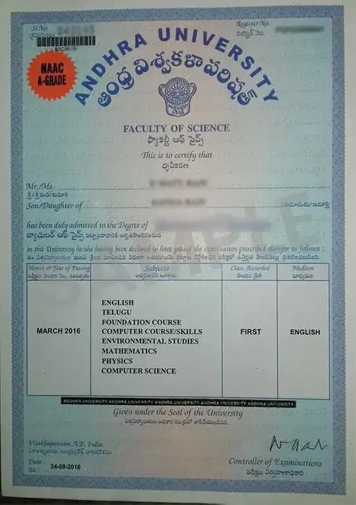 Sample certificate — Andhra University