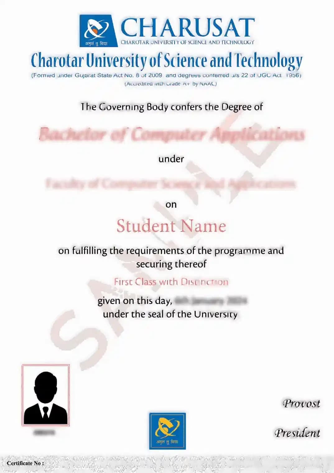 Sample certificate — Charotar University of Science & Technology