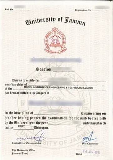 Sample certificate — University of Jammu