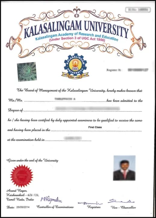 Sample certificate — Kalasalingam University