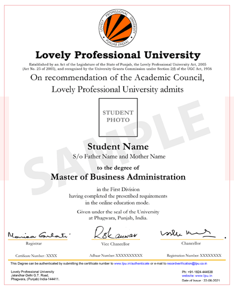 Sample certificate — Lovely Professional University Online