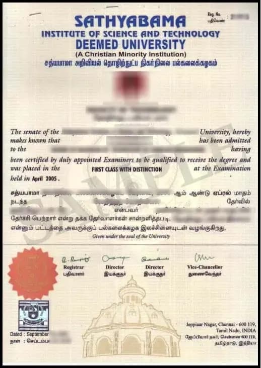 Sample certificate — Sathyabama Institute of Science and Technology