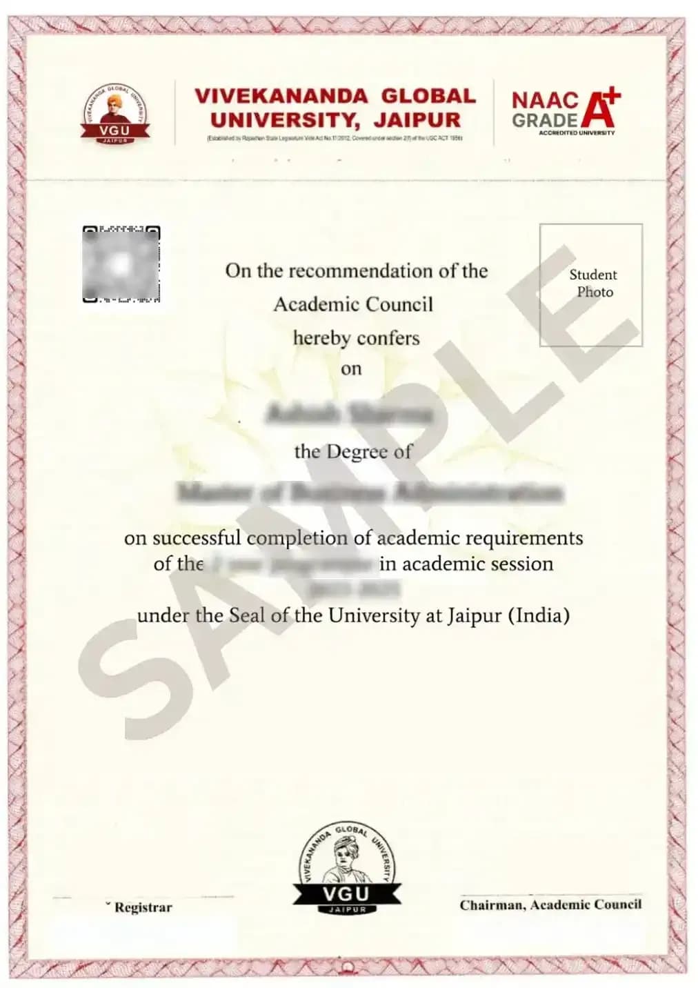 Sample certificate — Vivekananda Global University Online